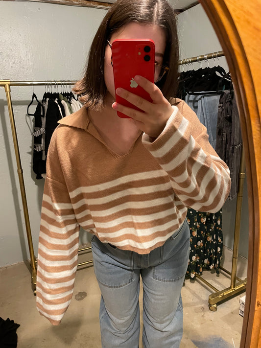 Sandy Striped Taupe Notched Neck Cropped Sweater