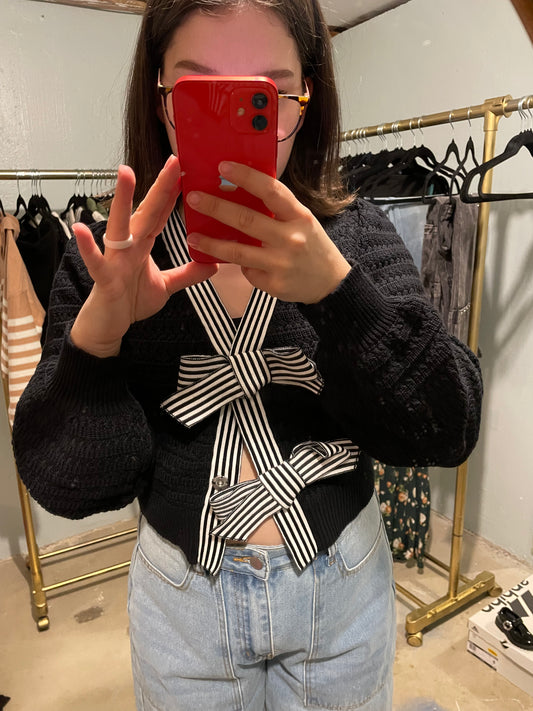 Blair Striped Bow Snap Cropped Cardigan