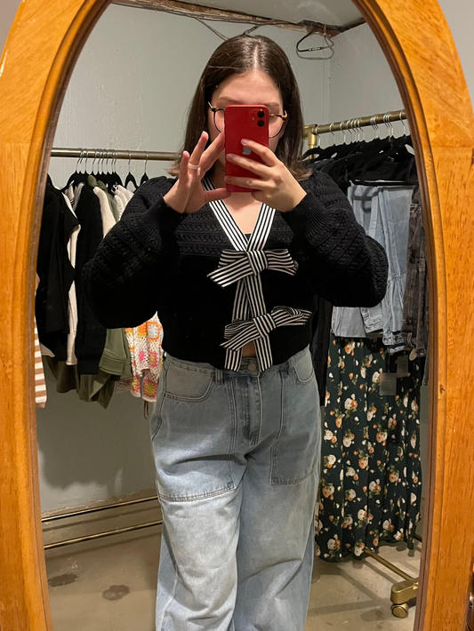 Blair Striped Bow Snap Cropped Cardigan