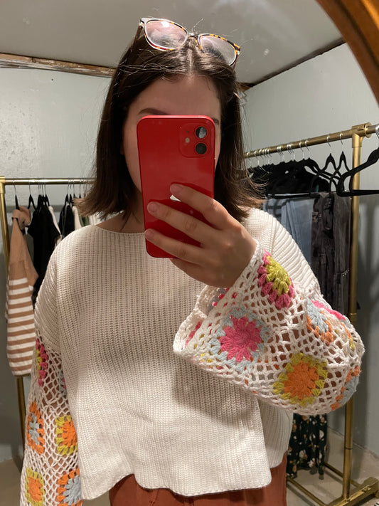 Lucky Crochet Sleeve Knit Cream Sweater