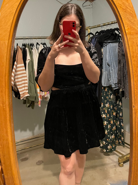 Vedette Black Velvet Beaded Waist Cutout Mini Dress