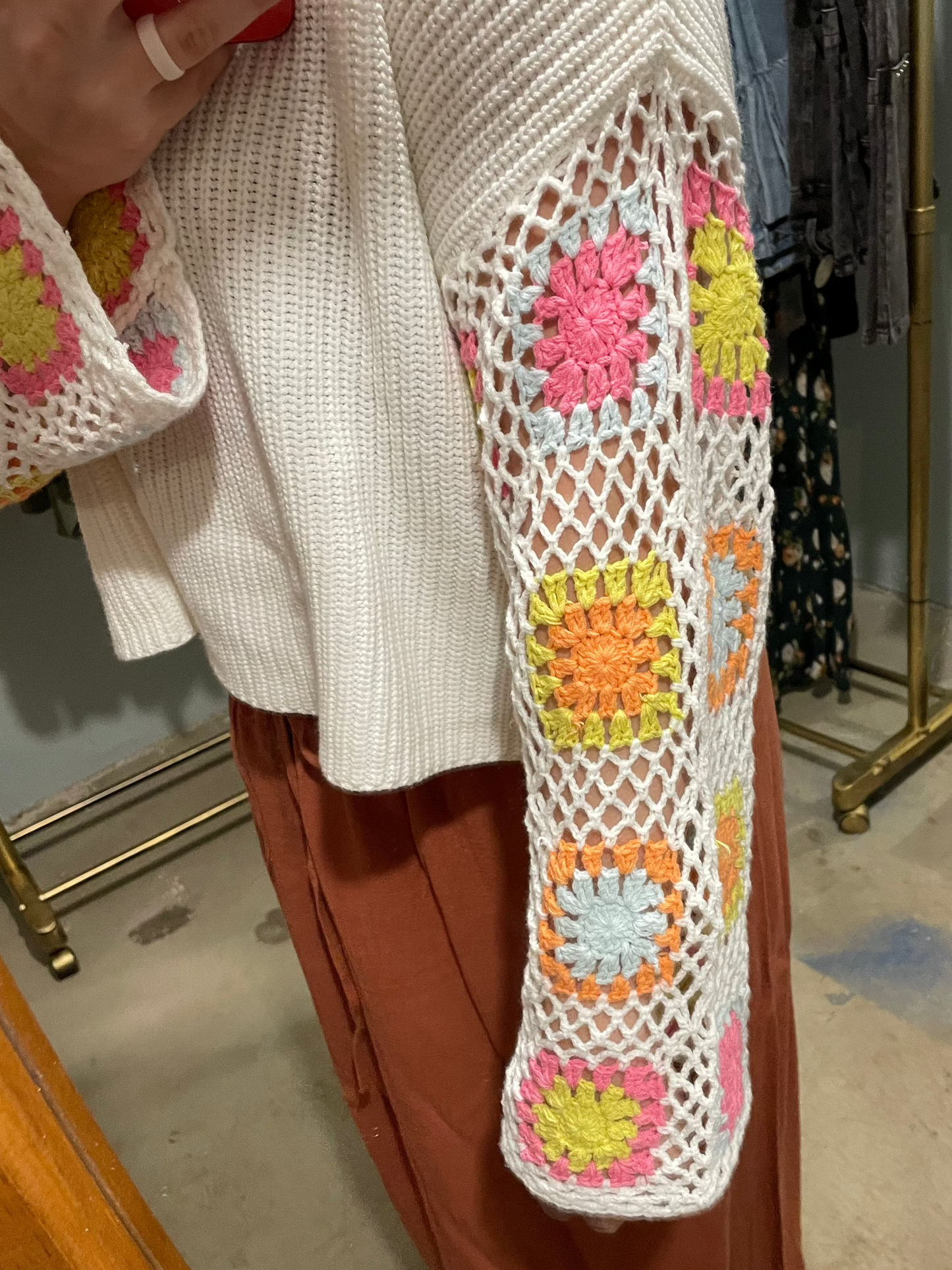 Lucky Crochet Sleeve Knit Cream Sweater