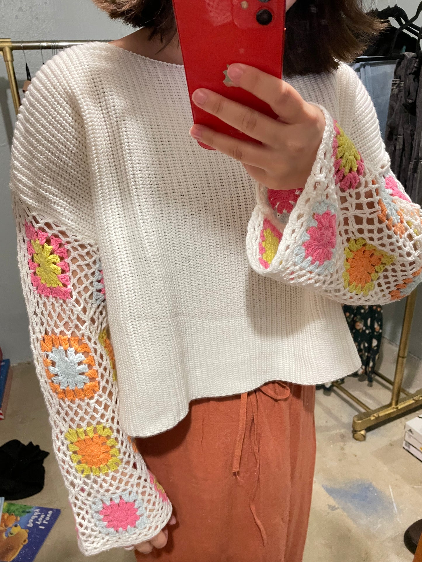 Lucky Crochet Sleeve Knit Cream Sweater