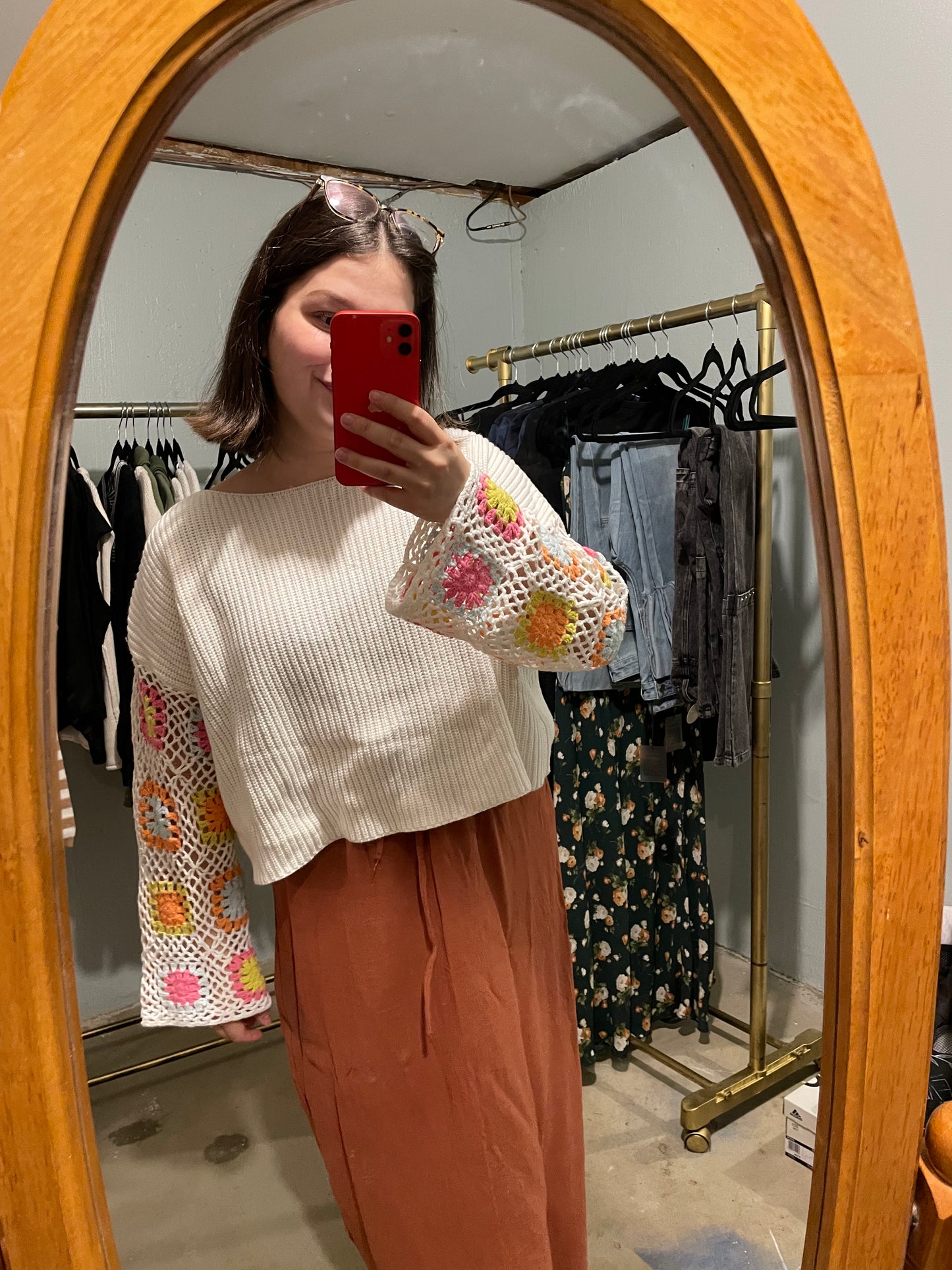 Lucky Crochet Sleeve Knit Cream Sweater