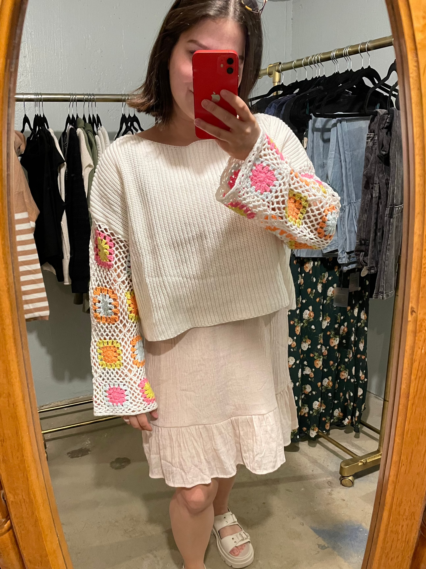 Lucky Crochet Sleeve Knit Cream Sweater