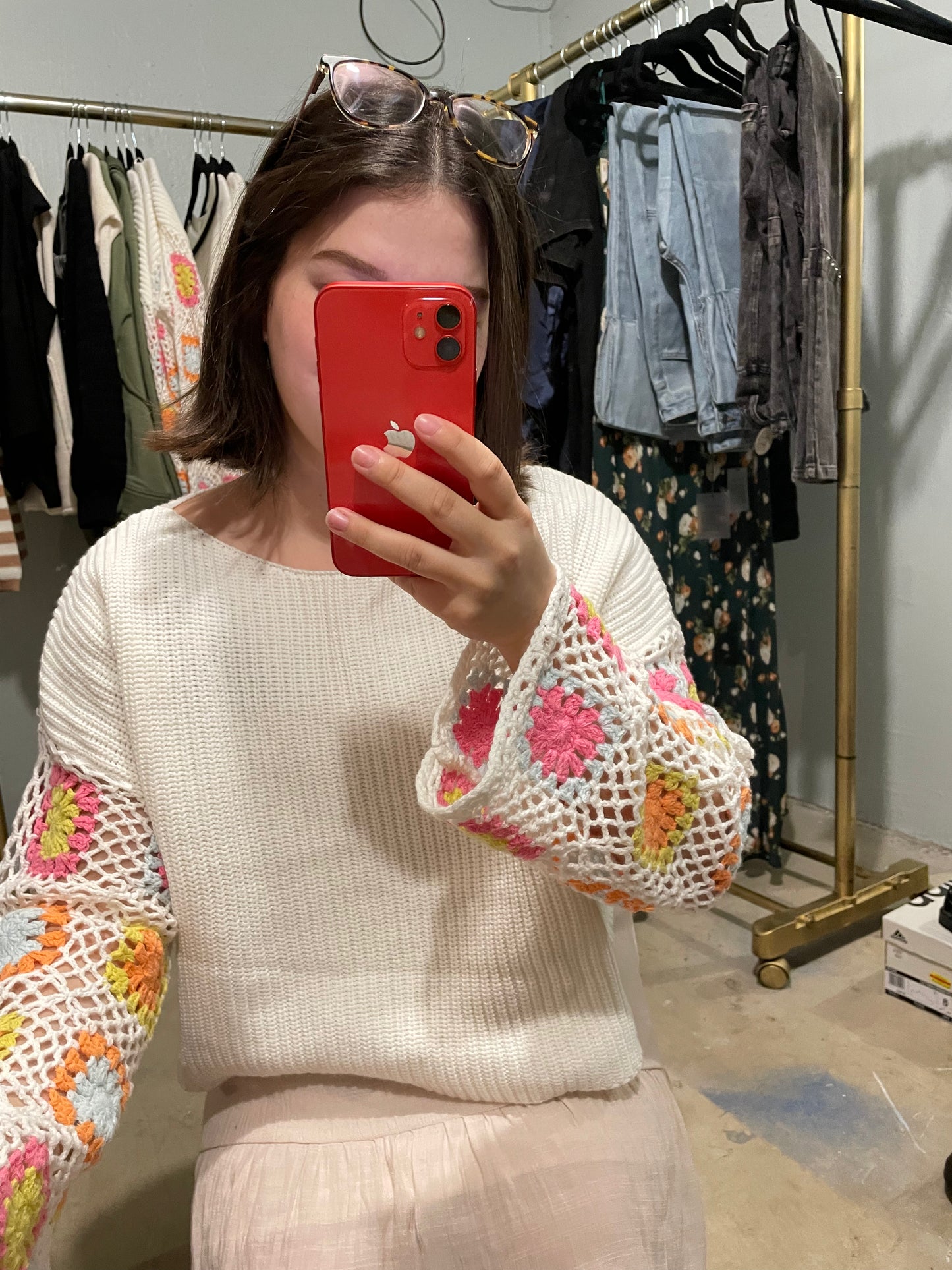Lucky Crochet Sleeve Knit Cream Sweater