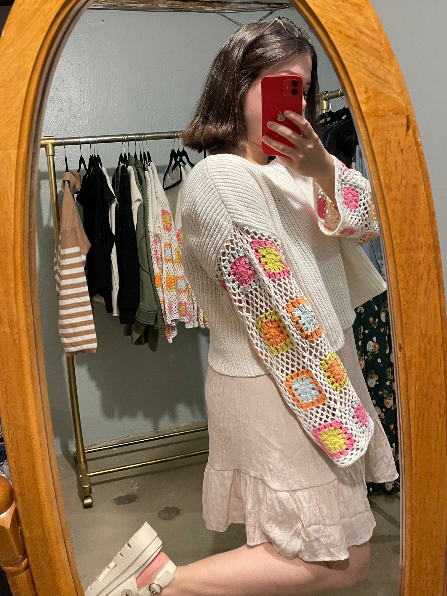 Lucky Crochet Sleeve Knit Cream Sweater