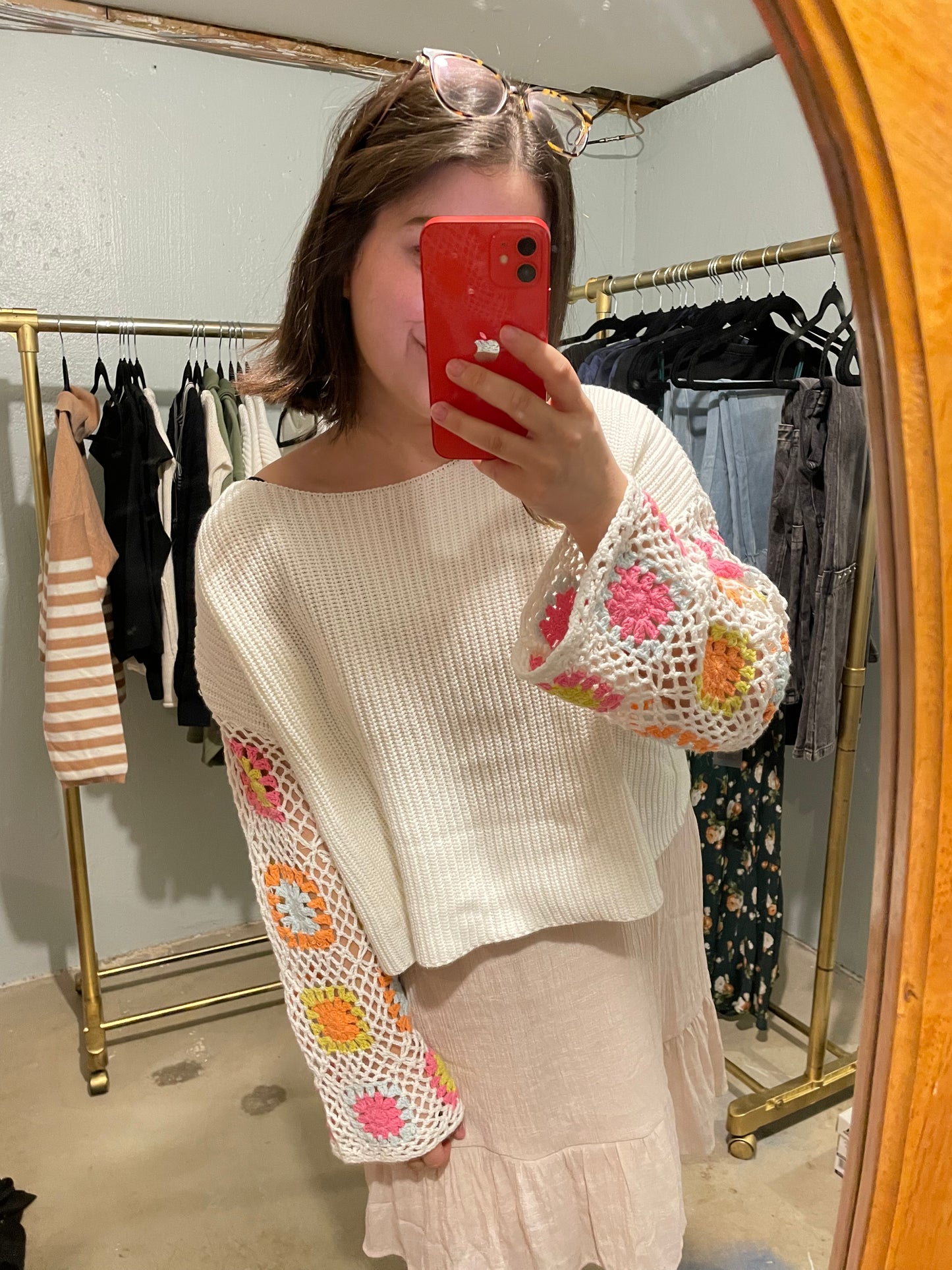 Lucky Crochet Sleeve Knit Cream Sweater